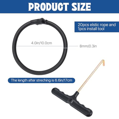 20Pcs Trampoline Replacement Bungee Cords, Black Elastic Trampoline Ropes with Mounting Tool for Repair, Safety Round Trampoline Repair Kit Universal Fit for Most Trampolines