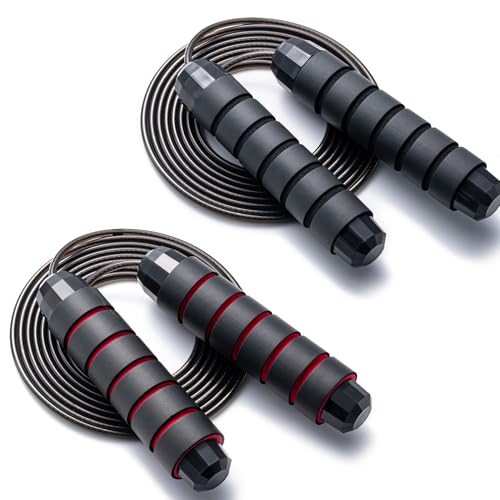 BOOMIBOO Jump Rope, Adjustable Jump Ropes,Skipping Rope Tangle-Free Rapid Speed with Ball Bearings for Women Men Kids,Exercise & Slim Body Jumprope at Home School Gym - color: Black+Red