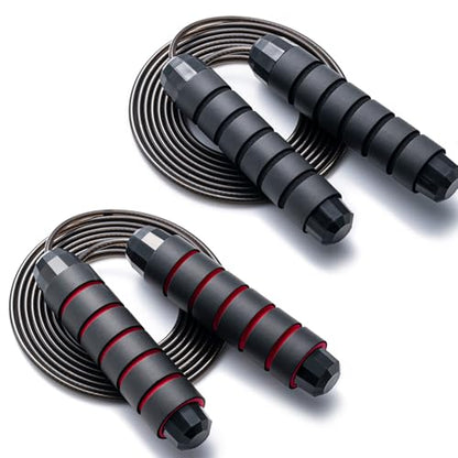 BOOMIBOO Jump Rope, Adjustable Jump Ropes,Skipping Rope Tangle-Free Rapid Speed with Ball Bearings for Women Men Kids,Exercise & Slim Body Jumprope at Home School Gym - color: Black+Red