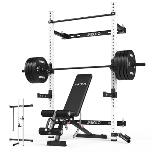Mikolo 2" x 2" Folding Wall Mounted Squat Rack, 1000 Pounds Capacity Power Rack with Pull Up Bar, J Hooks and Other Attachments, Space-Saving Home Gym - color: White, style: Home Gym Package (230 LBS)