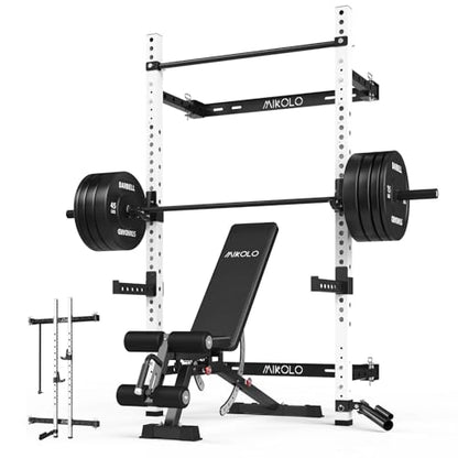 Mikolo 2" x 2" Folding Wall Mounted Squat Rack, 1000 Pounds Capacity Power Rack with Pull Up Bar, J Hooks and Other Attachments, Space-Saving Home Gym - color: White, style: Home Gym Package (230 LBS)