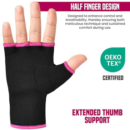 RDX Boxing Hand Wraps Inner Gloves Men Women, Half Finger Elasticated Bandages, Under Mitts Fist Protection, Muay Thai, Kickboxing, MMA, Martial Arts Speed Bag Punching Training - color: Pink White, size: Medium