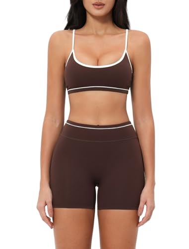 Women 2 Piece Workout Color Block Strappy Sports Bra High Waist Tummy Control Active Shorts Yoga Pilates Outfits - color: Dark Coffee, size: Small