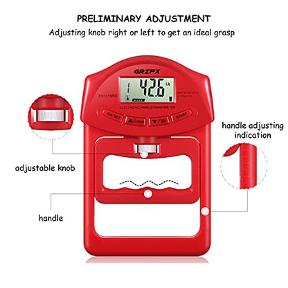 Digital Hand Dynamometer Grip Strength Measurement Meter Auto Capturing Electronic Hand Grip Power 198Lbs / 90Kgs - color: Red
