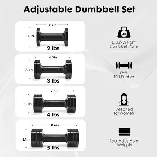 EQUIPRO Adjustable Dumbbell Set, 4 in 1 Free Weights Dumbbells Set for Women, Weights for Women at Home, 2lb 3lb 4lb 5lb with TPU Soft Rubber Handle for Home Gym Exercise Training - color: Black
