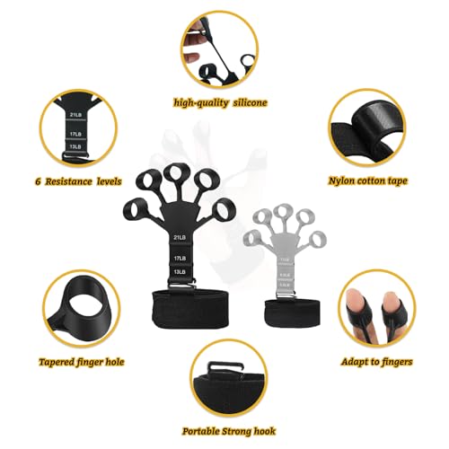 Finger Stretcher & Hand Strengthener - 2Pcs Adjustable Finger Resistance Bands for Guitarists, Climbers, Typists, Gamers, Forearm & Hand Strength Training Wrist Exerciser (Black+Grey)