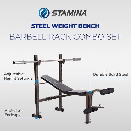 Stamina Adjustable Steel Weights Bench and Barbell Rack Combo Set with Resistance Band Anchor Points for Home Gym Workout or Exercise, Black