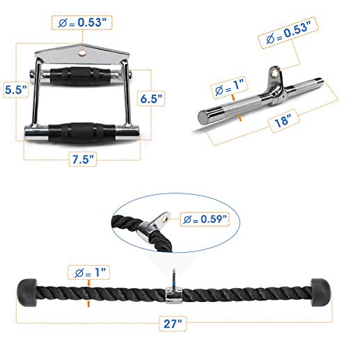 Yes4All Cable Machine Attachment, Row Handles, Tricep Rope, Straight Bar, V Bar, LAT Pulldown Accessories Load 880 LB for Home Gym - color: H. Double D Handle + TricepRope + Vshaped bar
