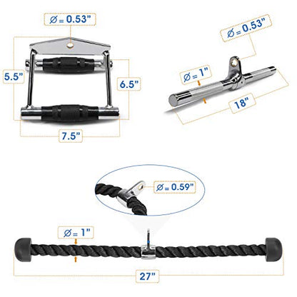 Yes4All Cable Machine Attachment, Row Handles, Tricep Rope, Straight Bar, V Bar, LAT Pulldown Accessories Load 880 LB for Home Gym - color: H. Double D Handle + TricepRope + Vshaped bar