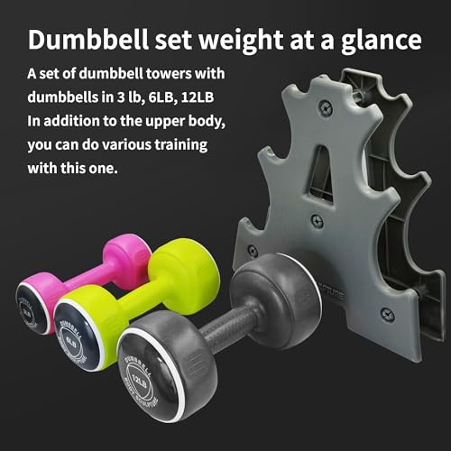 Body Sculpture hand weights set Free‑Weight Dumbbell Set with Rack Set includes 3, 6 and 12 lb weights ideal for men and women for small and large muscle groups