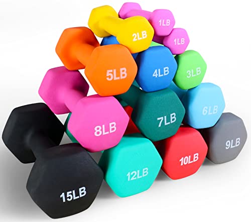 Fitvids Neoprene Dumbbell Hand Weights, Anti-Slip, Anti-roll, Hex Shape Colorful, Pair or Set with Stand - style: (7-Pound, Pair)