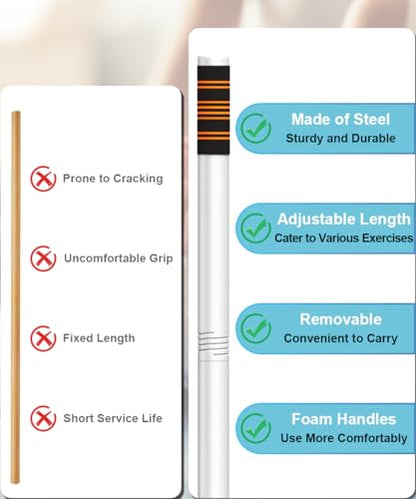 Queension 5ft Adjustable Yoga Stick Made of Sturdy Alloy Steel, Stretching & Mobility Stick with Non-Slip Foam-Sleeveds, Exercise Fitness Pole for Balance & Pilates