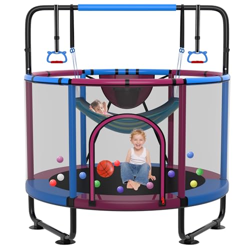 SKYUP 54"/60''/66" Mini Trampoline for Kids Ages 3+, 400LBS No-Gap Toddler Trampoline with Net, Swing, Adjustable Gymnastics Bars, Basketball Hoop, Indoor/Outdoor Trampoline, Boys & Girls Gifts Toys - color: Purple, size: 5FT