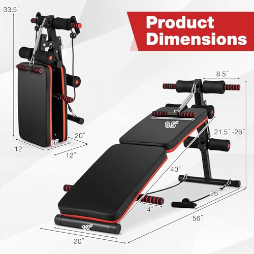 Goplus 7 in 1 Sit up Bench, Foldable Decline Incline Bench w/4 Position Adjustable Height & 2 Elastic Ropes for Strength Training, Curved AB Slant Board Workout Equipment for Home Gym Fitness, 330 LBS