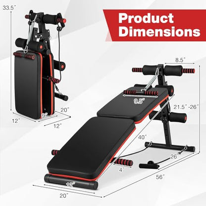 Goplus 7 in 1 Sit up Bench, Foldable Decline Incline Bench w/4 Position Adjustable Height & 2 Elastic Ropes for Strength Training, Curved AB Slant Board Workout Equipment for Home Gym Fitness, 330 LBS