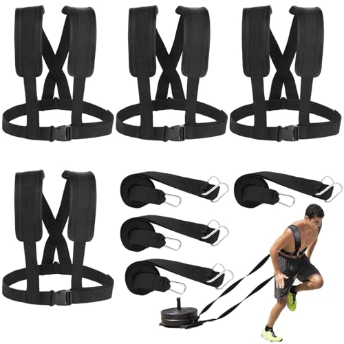 4 PCS Sled Harness for Exercise, Running Resistance Training Rope Kit, Tire Pulling Harness for Football Fitness Workout, Trainer Equipment with Adjustable Padded Shoulder Strap