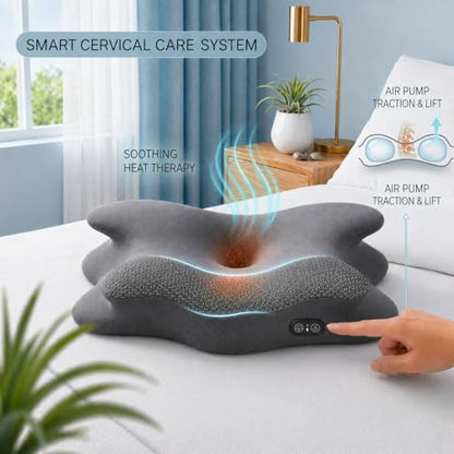 2-in-1 Cervical Neck Pillow for Pain Relief, Rechargeable Side Sleeper Pillows with Heat Airbag Lift, Memory Foam Contour Pillow for Side Back Stomach Sleepers(No Vibration Gray)