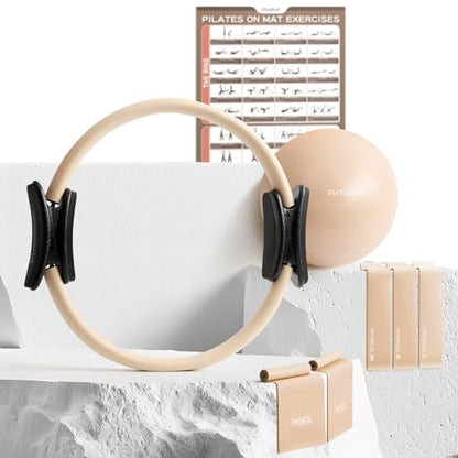 PhysKcal Pilates Kit, 15-Inch Pilates Ring with 1x Core Ball, 3X Resistant Loops and 2X Flex Bands, Home Pilates Equipment Set and Mat Pilates Essential Kit - color: Nude