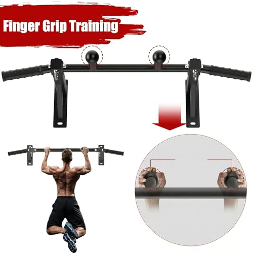 Wall Mount Pull Up Bar, Heavy Duty Steel PullUp Bar Fits Wood Studs, Multi Grip Pull Up Bar with Ball Finger & Round Rings, for Home Gym Garage Basement Strength Training Chin Up Bar