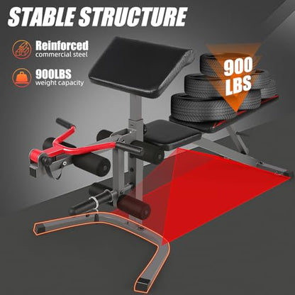 900LBS Adjustable Weight Bench with Preacher Curl Pad & Leg Extension, Flat Incline Decline Workout Bench for Home Gym, Heavy Duty Bench Press Set for Full Body Strength Training