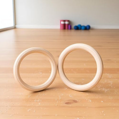 Wood Gymnastics Rings Set, Solid Birch Wooden Fitness Rings for Kids and Adults, Non‑Slip Grip for Home Workout and Pull Up, 2 Pack(25mm 19cm)