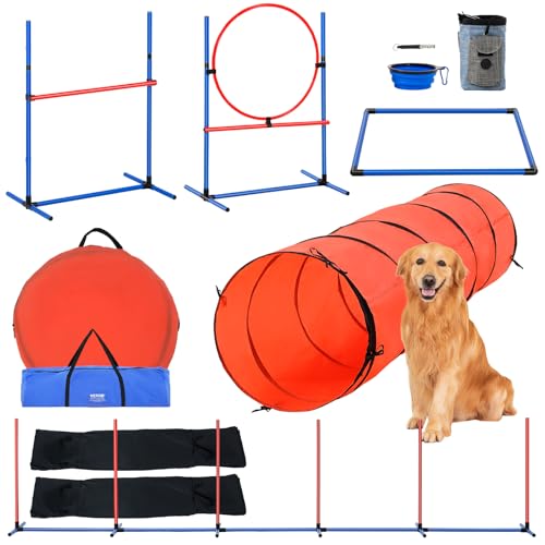 VEVOR Dog Agility Training Equipment, Dog Obstacle Course Backyard Set with Adjustable High Hurdles,6 Weave Poles,Extended Tunnel,Jump Ring,Pause Box,Whistle Foldable Bowl Training Pouch Storage Bag - size: 8 Pcs Set