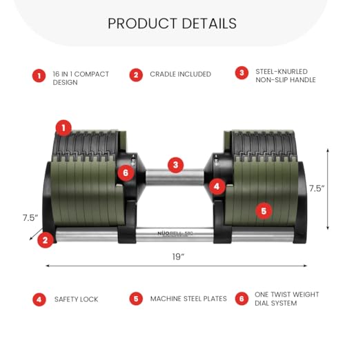NUOBELL Adjustable Dumbbells 5-80 lbs: Replace 16 Sets, Ideal for Home Gym Weight Bench & Press - color: Tactical Green