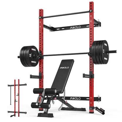 Mikolo 2" x 2" Folding Wall Mounted Squat Rack, 1000 Pounds Capacity Power Rack with Pull Up Bar, J Hooks and Other Attachments, Space-Saving Home Gym - color: Red, style: Home Gym Package (230 LBS)