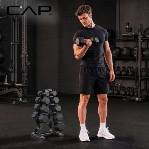 CAP Rubber Coated Dumbbell Weight Set with Vertical Rack | 100 lb, 150 lb, and 210 lb Options - size: 150 lb - Set, style: Black Handle