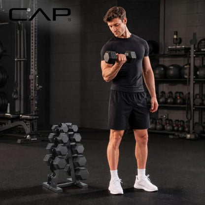 CAP Rubber Coated Dumbbell Weight Set with Vertical Rack | 100 lb, 150 lb, and 210 lb Options - size: 150 lb - Set, style: Black Handle