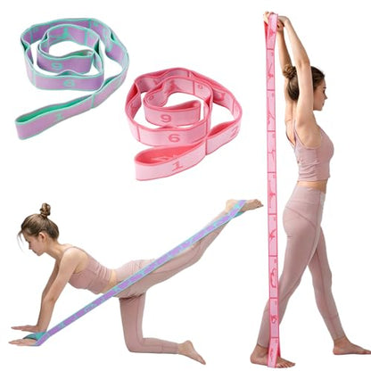 2 Pack 9-Loop Stretch Strap with Pose Guide Pattern, Elastic Yoga Band for Dance, Pilates, Gymnastics, Flexibility Exercise, Kids Workout Training, Youth Ballet Belt