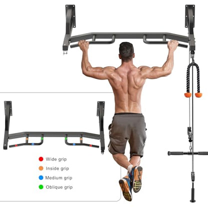 Kipika 48" Ceiling Mounted Pull Up Bar, Heavy Duty Multi-Grip Chin Up Bar,Mounted Pullup Bar, Adjustable Height, Pull Up Bands for Chin Ups & Body Stretching, Ideal for Home Gym and Strength Training - color: 48" Cable Pulley System