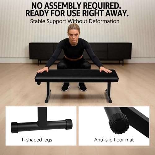 Gym Quality Foldable Flat Bench for Multi-Purpose Weight Training and Ab Exercises, Strength Training, Stable Assembly, Black
