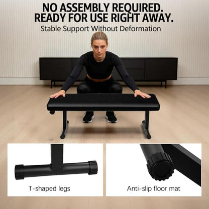 Gym Quality Foldable Flat Bench for Multi-Purpose Weight Training and Ab Exercises, Strength Training, Stable Assembly, Black