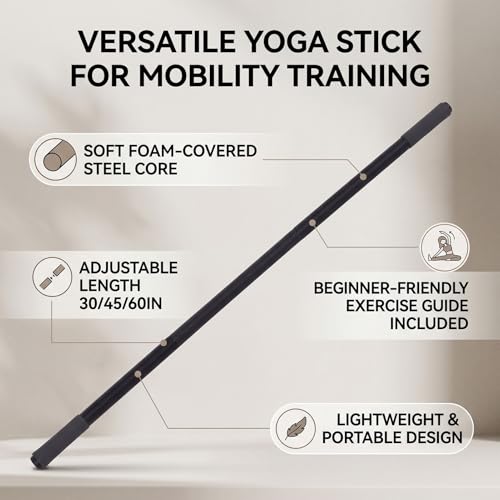 Zunate Adjustable Yoga Stick, Foam Covered Steel Mobility Bar for Pilates and Flexibility Training, Three Length Sections 30 45 60 Inches for Full Body Stretching