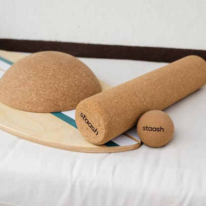 STAASH® Balance Board Full Kit – Premium Birch Wood Trainer with Cork Roller, Balance Disc, Massage Ball & Anti-Slip Mat – Core Strength, Surf, Snowboard & Rehab Training – All-In-One Set