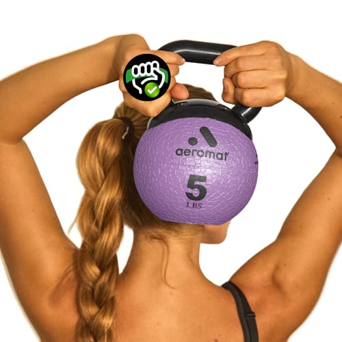 Aeromat Elite Mini Kettlebells – Weighted Exercise Medicine Ball with Anti-Slip Grip & Wide Handle, Strength Training Kettlebell for Squats, Workouts, & Home Gym Use - style: 5 LB - Purple