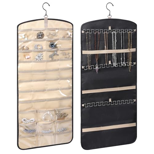 2 Pack Hanging Organizer Storage with 39 Pockets & 30 Hooks, Double Sided Wall Mount Jewelry Display for Earrings, Bracelets, Necklaces, Closet Door (Black, Large)