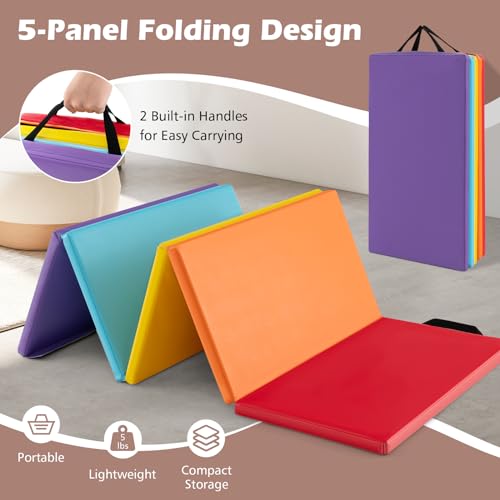Goplus Gymnastics Mat, 6'x4' 3-Panel/6.6'x2.5' 5-Panel Folding Tumbling Mat w/Carrying Handles, Hook&Loop Fastener, Portable PU Leather Rainbow Exercise Mat for Home Gym Aerobics Yoga - color: 5-Panel,5 Color
