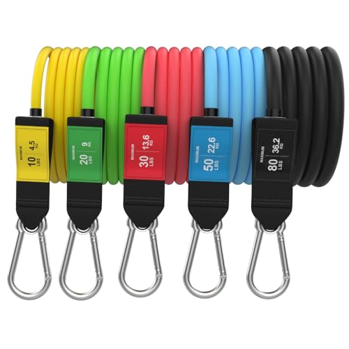Bodylastics Stackable Resistance Bands (Handles Not Included) - 5-Band Resistance Band Pack - Patented Snap Reduction Tech Workout Bands - Malaysian Latex, Strong Nickel Coated Iron Clips 190 Lbs
