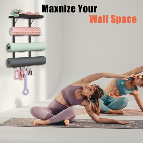 Yoga Mat Holder Wall Mount - 4 Tier Home Gym Storage Rack with Shelf & 5 Hooks, Gym Equipment Organizer & Wall Storage for Workout Room Decor