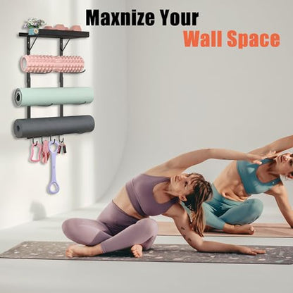 Yoga Mat Holder Wall Mount - 4 Tier Home Gym Storage Rack with Shelf & 5 Hooks, Gym Equipment Organizer & Wall Storage for Workout Room Decor