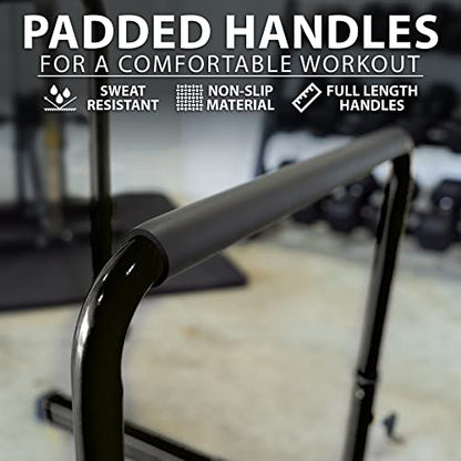 Synergee Dip Bar. Adjustable Dip Station from 30” – 39” for Dips, Inverted Pull Ups. Max capacity 400 lbs. Portable Dip Stand for Total Body Workout. Available in Yellow and Black.