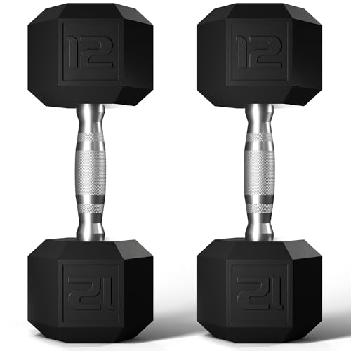 GRETERST Dumbbells Set Rubber Coated Hex Hand Weights Exercise & Fitness for Home Gym Workouts Strength Training Equipment, Black, 12LB