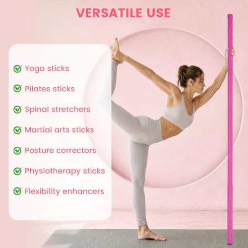 Yoga Stick Sturdy Steel, 5 Ft Adjustable Stretching Stick for Mobility, Flexibility and Balance, Versatile Exercise Stick with Non-Slip Ends and Foam Handles for Fitness, and Posture - color: pink