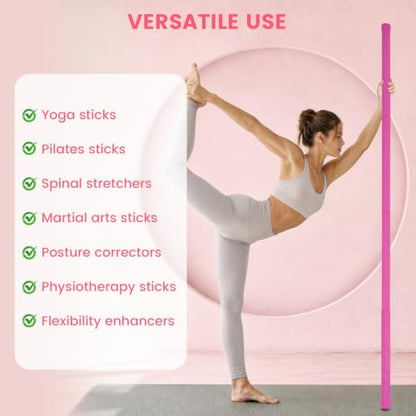 Yoga Stick Sturdy Steel, 5 Ft Adjustable Stretching Stick for Mobility, Flexibility and Balance, Versatile Exercise Stick with Non-Slip Ends and Foam Handles for Fitness, and Posture - color: pink