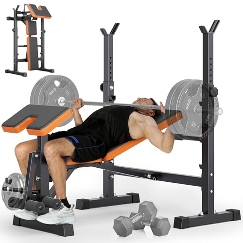 YOLEO 6 in 1 Space Saving Weight Bench Set for Home Gym, Fast Folding & Adjustable Workout Bench, Bench Press Rack/Leg Extension/Preacher Curl/Sit up(1-Step Folding) (Black)