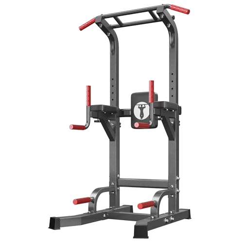 SogesHome Multifuntional Power Tower Pull Up Bar Dip Station for Home Gym - color: Black & Red