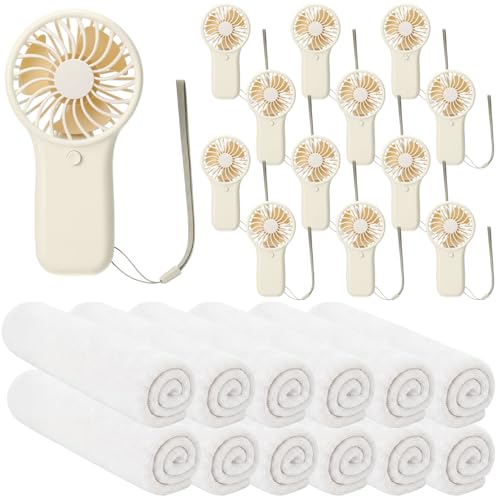 24 Pcs Summer Sets Includes 40"x12" Cooling Towels and Mini Handheld Fan Bulk, Workout Towel Sweat Towels for Hot Weather Gym, Portable Small Fan for Summer Team Travel Gifts (White)