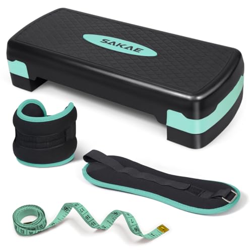 Adjustable Height Aerobic Stepper Set, Multiple Bundle Options with Dumbbells, Kettlebell, Waist Trimmer, Ankle Weights or Weighted Vest, Workout Exercise Step Platform w/Level Risers, 4 Colors - color: Green Black, size: c. W/ Ankle Weights